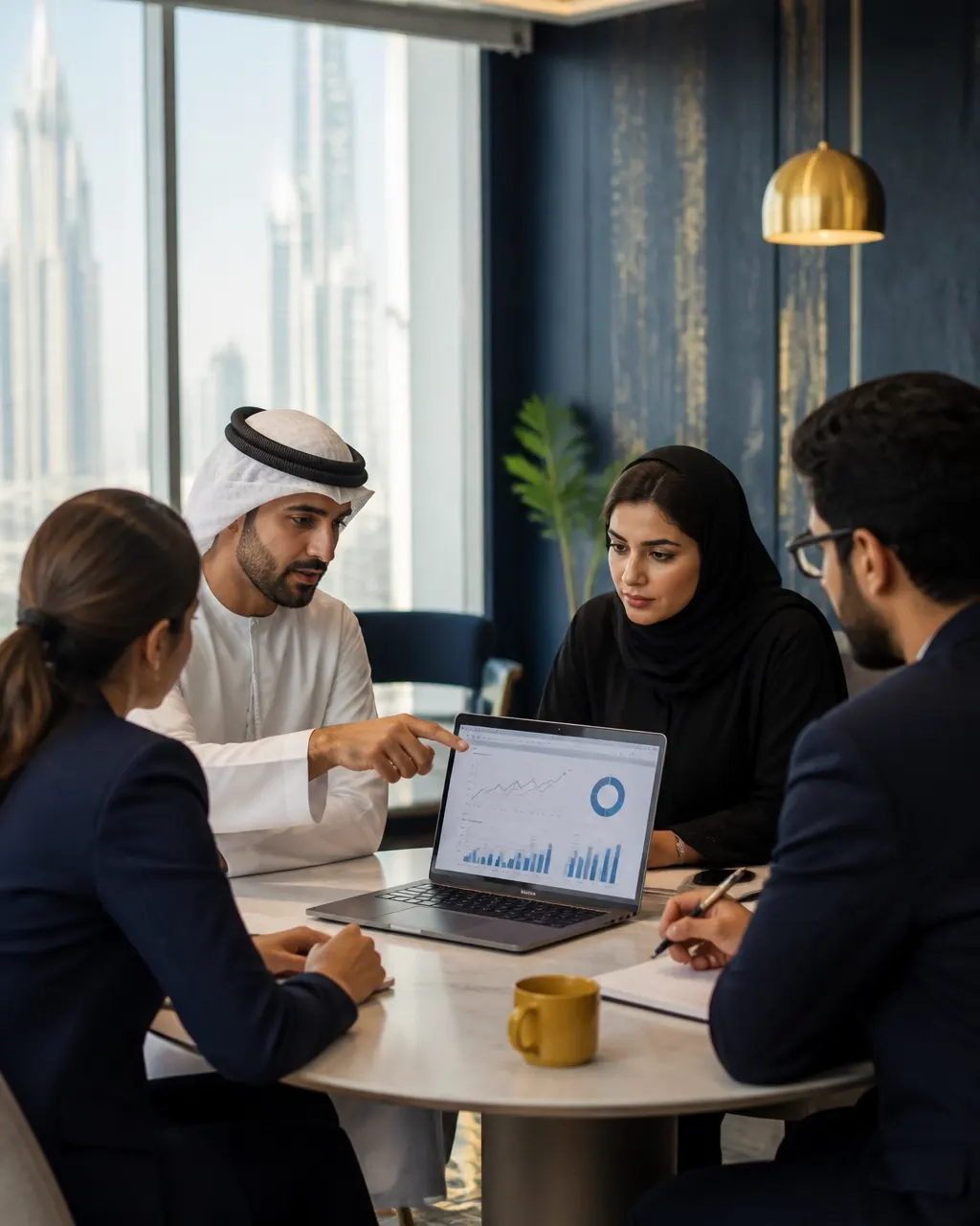 Marketing team reviewing an analytics dashboard together in a modern office