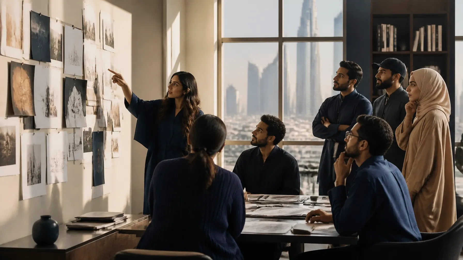Creative marketing team discussing visual strategy in a bright studio