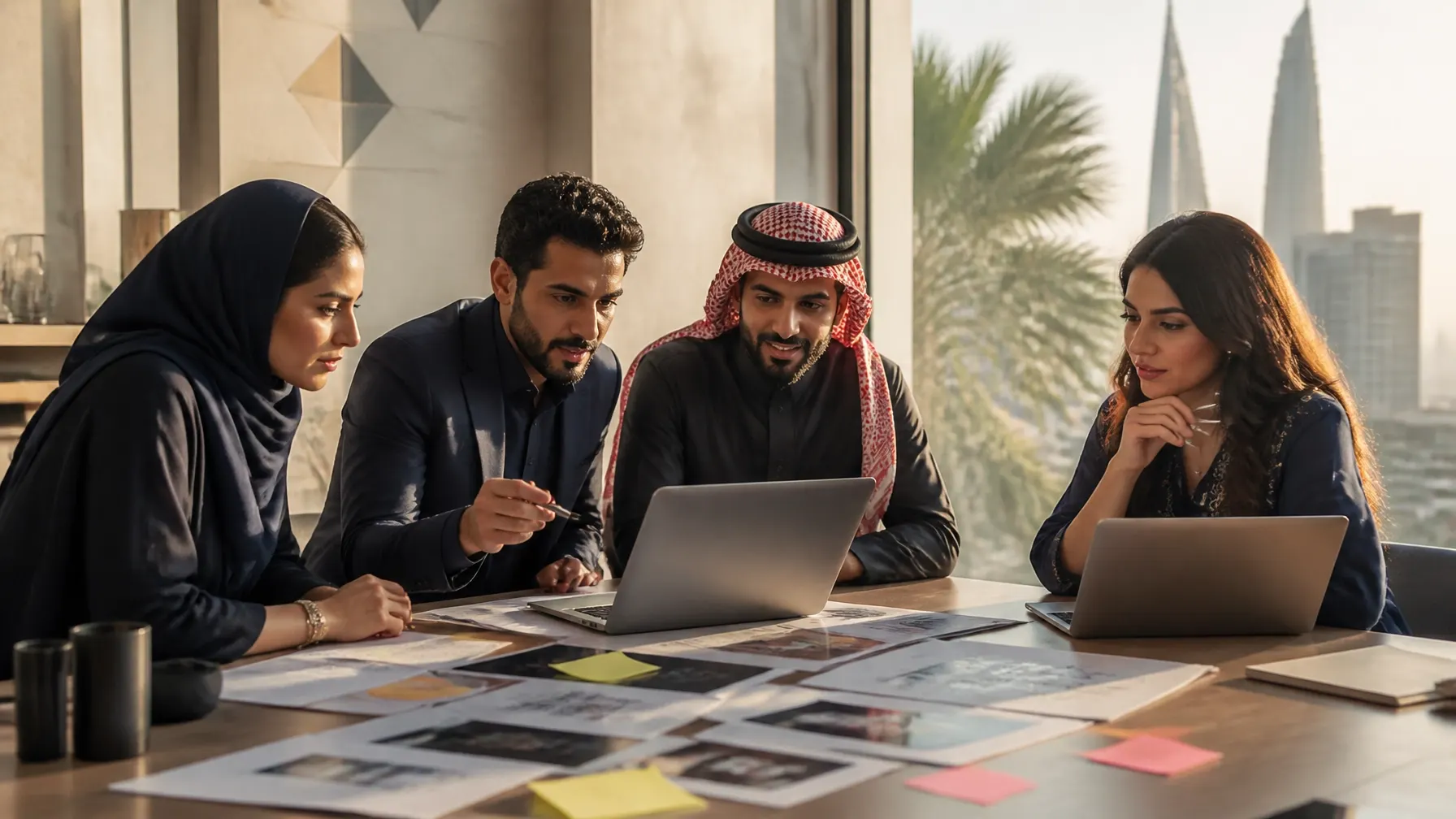 Diverse marketing team reviewing creative work together in a sunlit Gulf studio